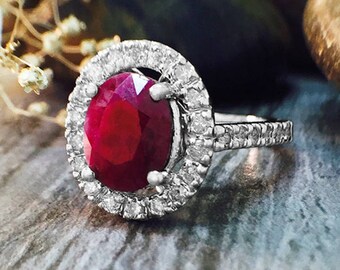 Ruby and Diamond Halo Engagement Ring | Prong Setting |  Solid 14K Gold | Colored Stone Wedding Ring | Fine Jewelry | Free Shipping