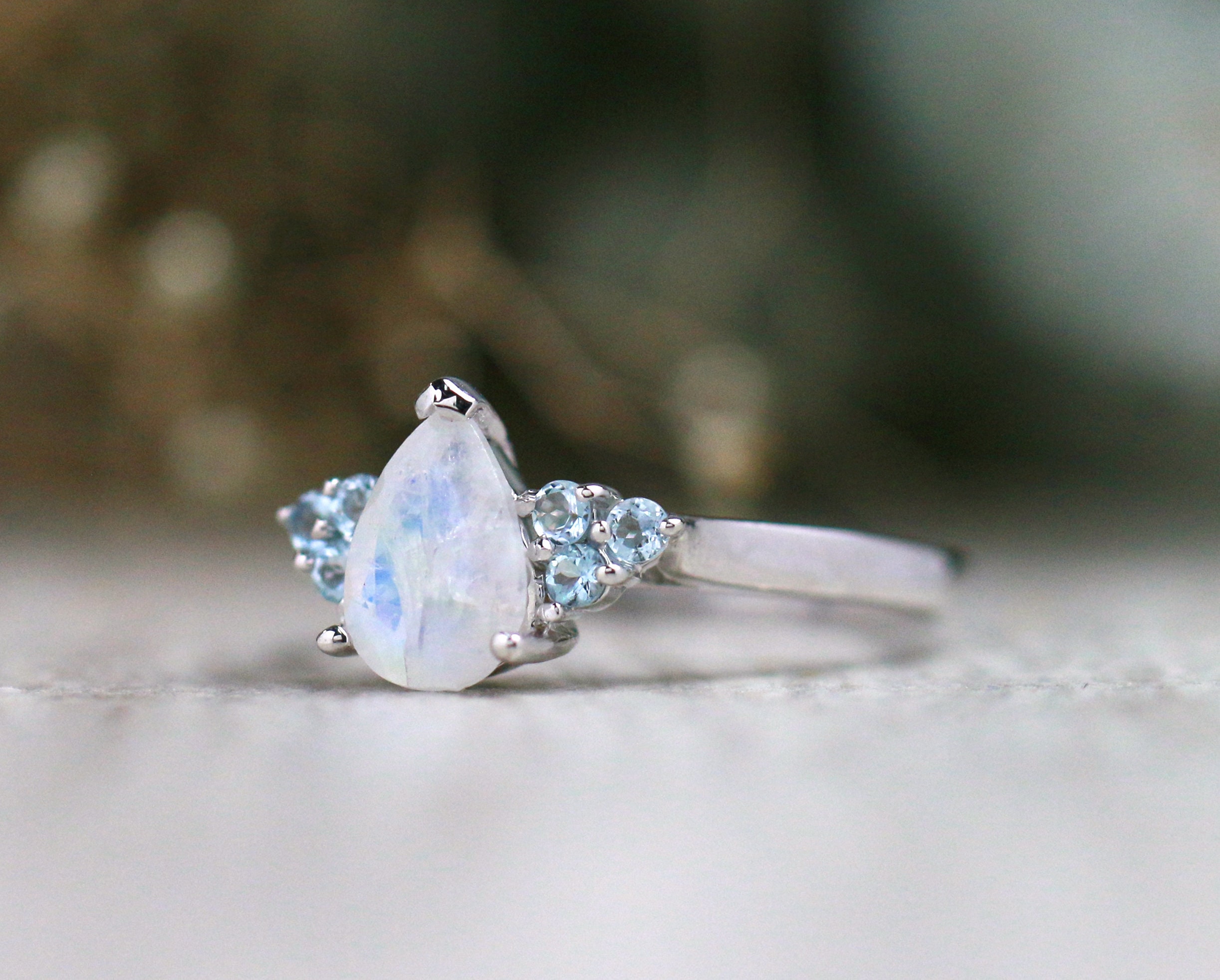 Moonstone and Aquamarine Cluster Engagement Ring Solid 14K Etsy