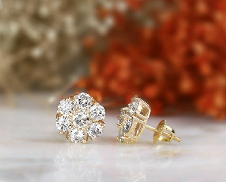 2.35CT Natural Diamond Large Cluster Earrings Solid 18K Gold - Etsy