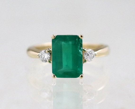 10X8MM Natural Emerald Three Stone Cocktail Ring Solid 14K | Etsy