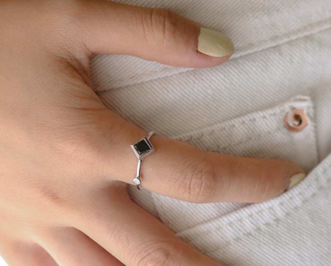 Princess Cut Ring Stackable Rings Princess Cut Black Diamond Stackable Ring | Solid 14K Gold | Polished ...