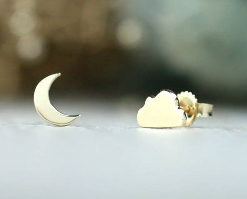 Polished Finish Prong Setting Fine Jewelry Free Shipping Celestial Moon and Cloud Mix Match Earrings| Solid 14K Gold