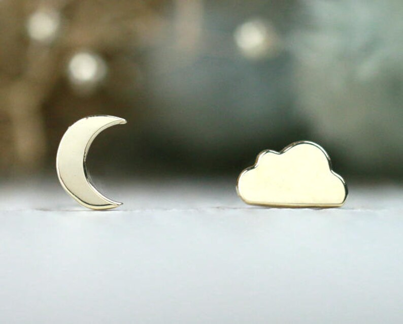 Polished Finish Prong Setting Fine Jewelry Free Shipping Celestial Moon and Cloud Mix Match Earrings| Solid 14K Gold