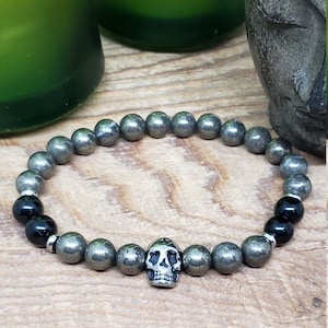 Men's Protection Mala Bracelet, Skull Bracelet, Black Tourmaline, Pyrite Bracelet, Will Power, Healing Crystals Bracelet