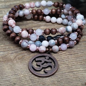 108 Bead Wrap Mala, Mala Beads, Japa Mala, Meditation Beads, Diffuser Necklace, Pink Zebra Jasper Necklace, Wrap Bracelet, Yoga Jewelry