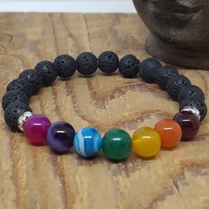 Peut inclure: Un bracelet en pierre de lave noire avec sept perles de chakra colorées. Les perles sont dans l'ordre des chakras : racine, sacrée, plexus solaire, cœur, gorge, troisième œil et couronne. Le bracelet est fait d'un cordon élastique et mesure environ 18 cm de long.
