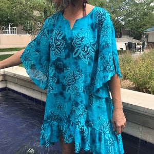 Swimsuit Coverup, Teal Blue Batik Swimwear Coverup, Summer Flowy Top, Boho Beach Coverup
