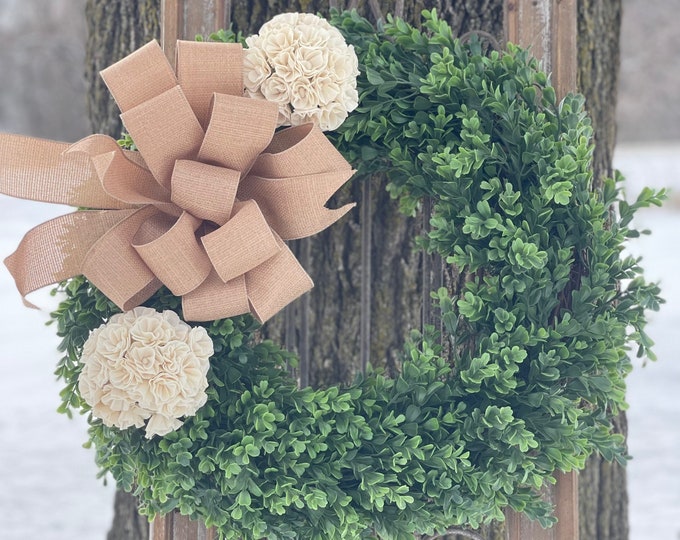 Featured listing image: BoxWood Wreath~Floral Boxwood Wreath~ Everyday Wreath ~ Greenery Wreath ~ Spring Door Wreath~Mothers Day Wreath~Wedding Wreath~Wedding Decor