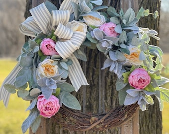 Floral Lambs Ear Wreath ~Farmhouse Inspired Wreath~Spring Wreath ~SummerWreath~Front Door Wreath~Mothers Day Wreath~Modern Farmhouse Decor
