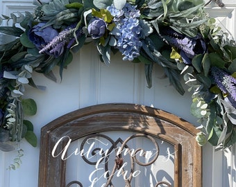 MIXED GREENERY SWAG~ Farmhouse Inspired Decor ~ModernFarmhouse Swag ~ Interior Wall Decor Swag ~Blue Floral Swag ~Farmhouse Floral Decor
