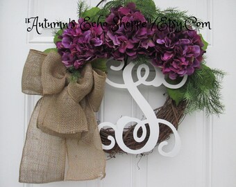 MONOGRAM SPRING WREATH ~ Rustic Door Wreath ~ Rustic Door Decor ~ Hydrangea Door Wreath ~ Spring Door Wreath ~Spring Door Decor~Housewarming