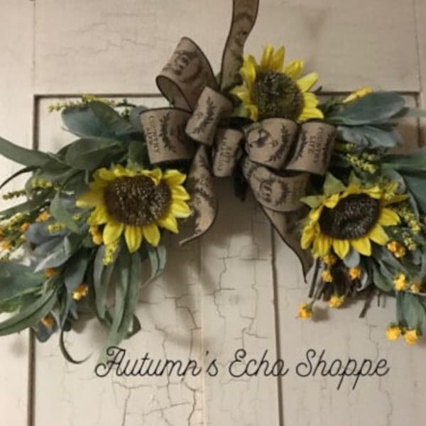 FARMHOUSE SUNFLOWER SWAG -  FarmHouse Door Decor  - FarmHouse Sunflower Arch   -  Sunflower Door Decor  - Sunflower Wreath   Lambs Ear Swag