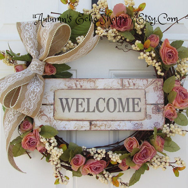 SPRING WELCOME WREATH....Spring Door Wreath....Shabby Chic Style Wreath..Mother's Day Gift Wreath...Cottage Decor Style Wreath..Housewarming