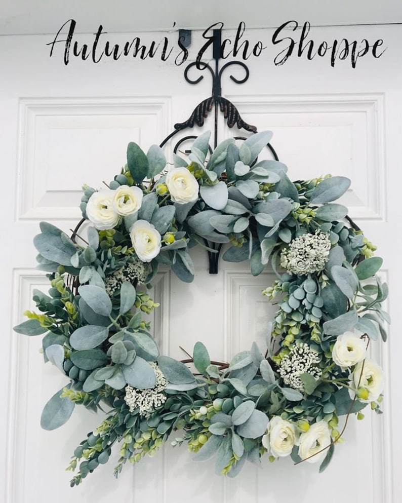 FARMHOUSE DOOR WREATH ~ Lamb's Ear & Eucalyptus Wreath ~ Spring Door ...