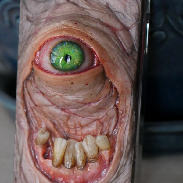 Reserved for Christina - iPhone 4 phone case, hard case, green eye and teeth, hand sculpted, OOAK (one of a kind)