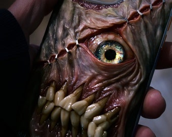 iPhone 15 Pro Max- phone cover- monstrous protective cover, glow in the dark eye, hand sculpted, OOAK (one of a kind)