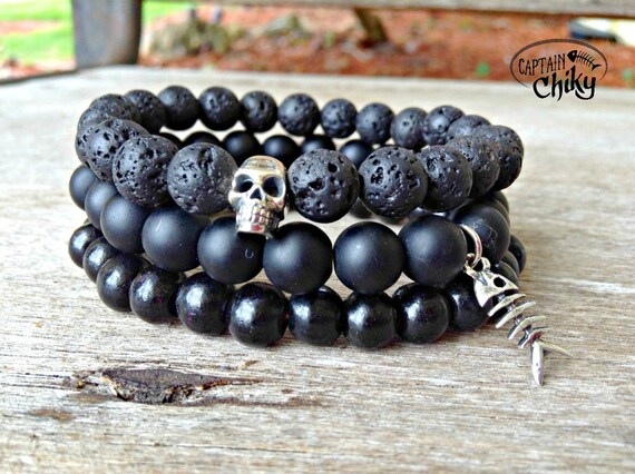 Pirate Stack / Onyx, Lava and Wood Bracelets / Men Bracelets / Stack / Men  stack / Sterling Silver Charms / Skull / Fish Charm / Unisex