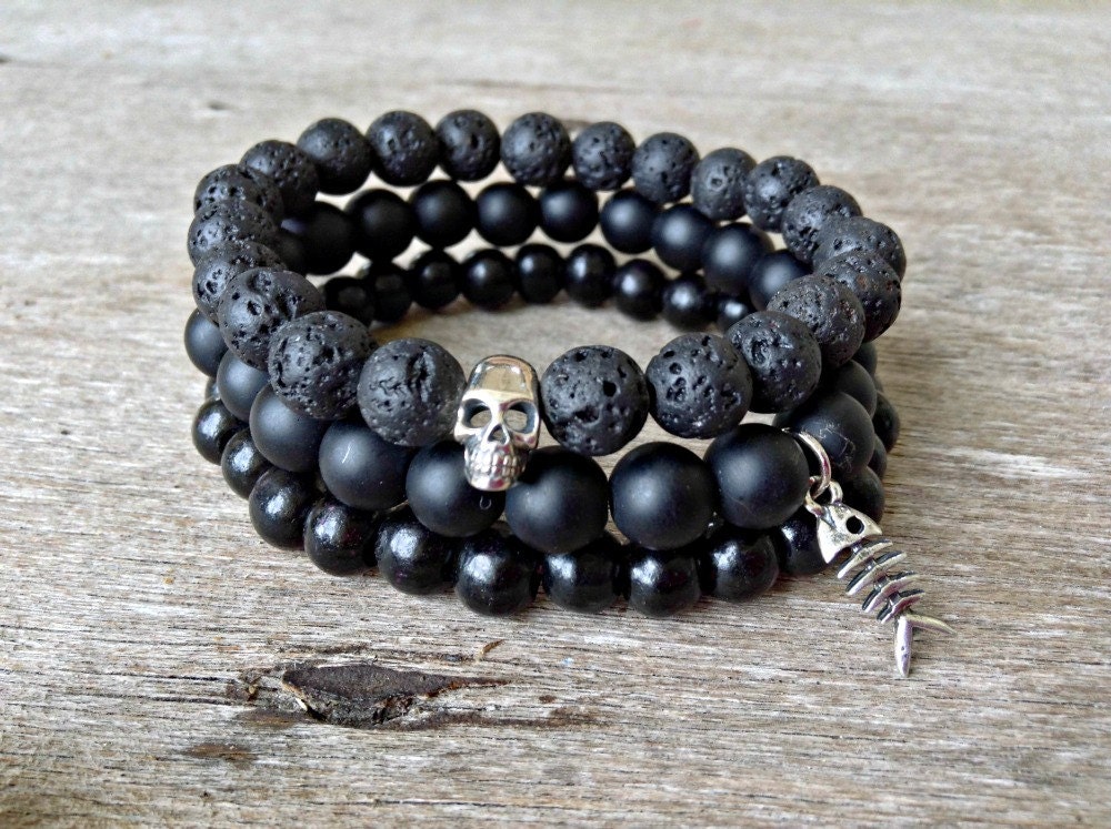 Pirate Stack / Onyx Lava and Wood Bracelets / Men Bracelets / - Etsy