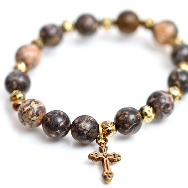 Pietra preziosa di diaspro pelle di leopardo 10 mm, braccialetti cristiani, rosari e senza croce realizzati a mano