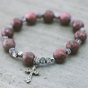 Rhodonite Gemstone 10 mm Handcrafted Christian, Rosary & no cross Bracelets.