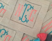 Monogrammed Linen Cocktail Napkins Set of 4- Vienna Monogram Coasters, Monogrammed linens