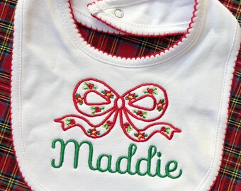 Monogrammed Christmas Bib- holiday bow, baby shower gift, personalized baby gift