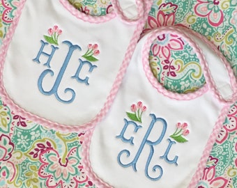 Monogrammed Baby Bib with Tulips, baby shower gift, personalized baby gift
