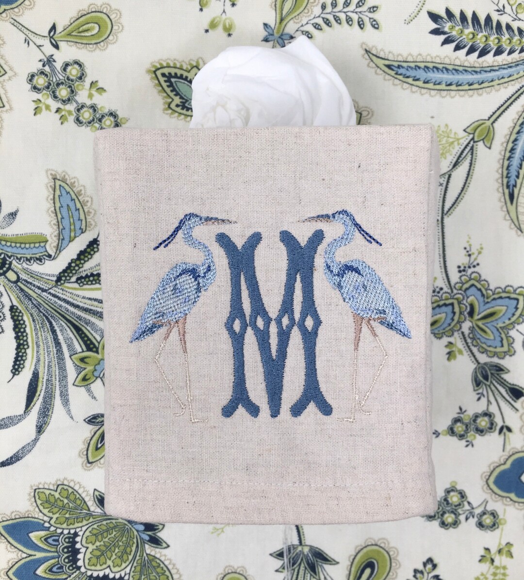 Monogrammed Tissue Box Cover Linen, Heron Initial-monogrammed gift-personalized gift- White