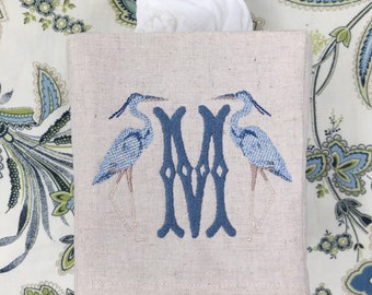 Couverture de boîte à mouchoirs monogrammée, Heron Initial-cadeau monogrammé-cadeau personnalisé-cadeau d'hôtesse