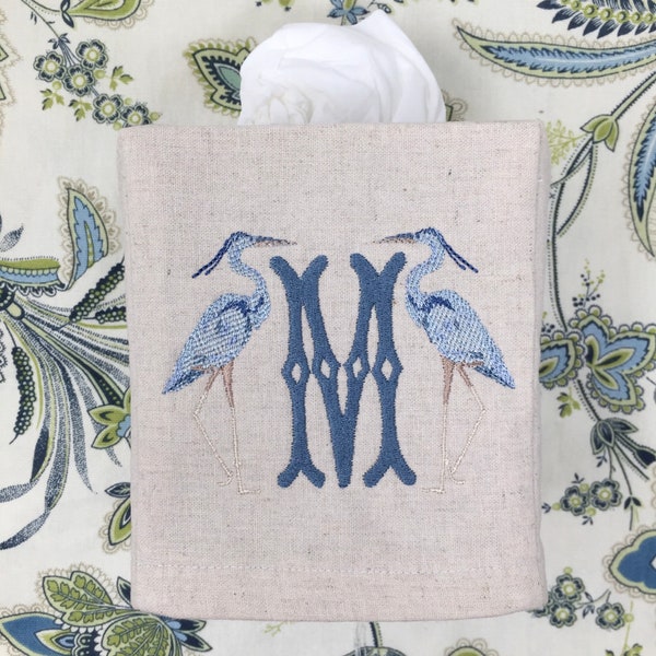 Monogrammed Tissue Box Cover Linen, Heron Initial-monogrammed gift-personalized gift-hostess gift