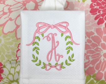 Monogrammed Tissue Box Cover-Laurel Wreath Monogram, monogrammed gift-personalized gift-hostess gift