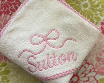 Monogrammed Baby Hooded Towel with Ribbon: Velour Terry, Gingham Trim
