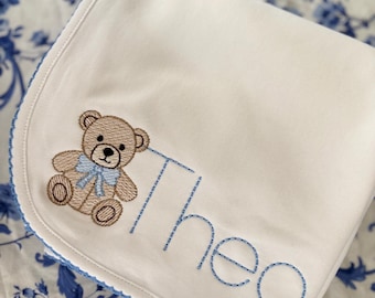 Monogrammed Teddy Bear Baby Blanket: Cotton Receiving Blanket with Picot Trim