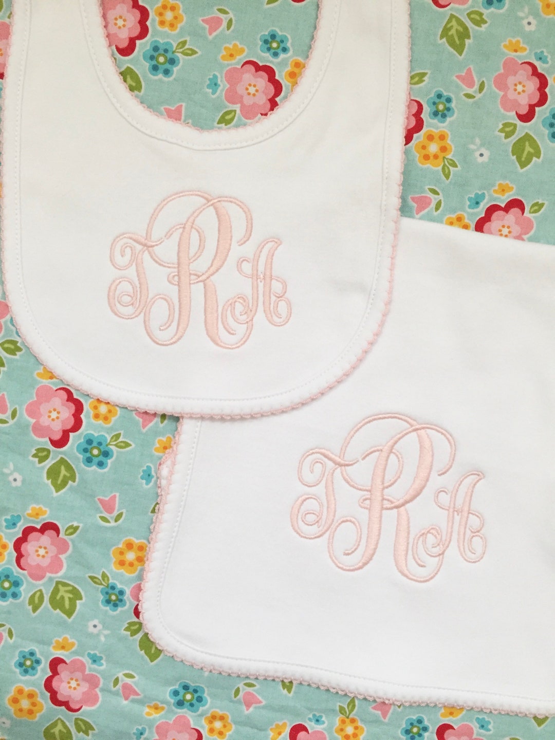 Monogrammed Bib and Burp Cloth Picot Trim Setmonogrammed Baby Gift