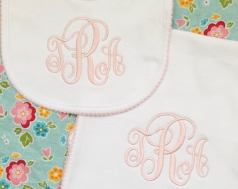 Monogrammed Bib and Burp Cloth Picot Trim set-monogrammed baby gift, baby shower gift