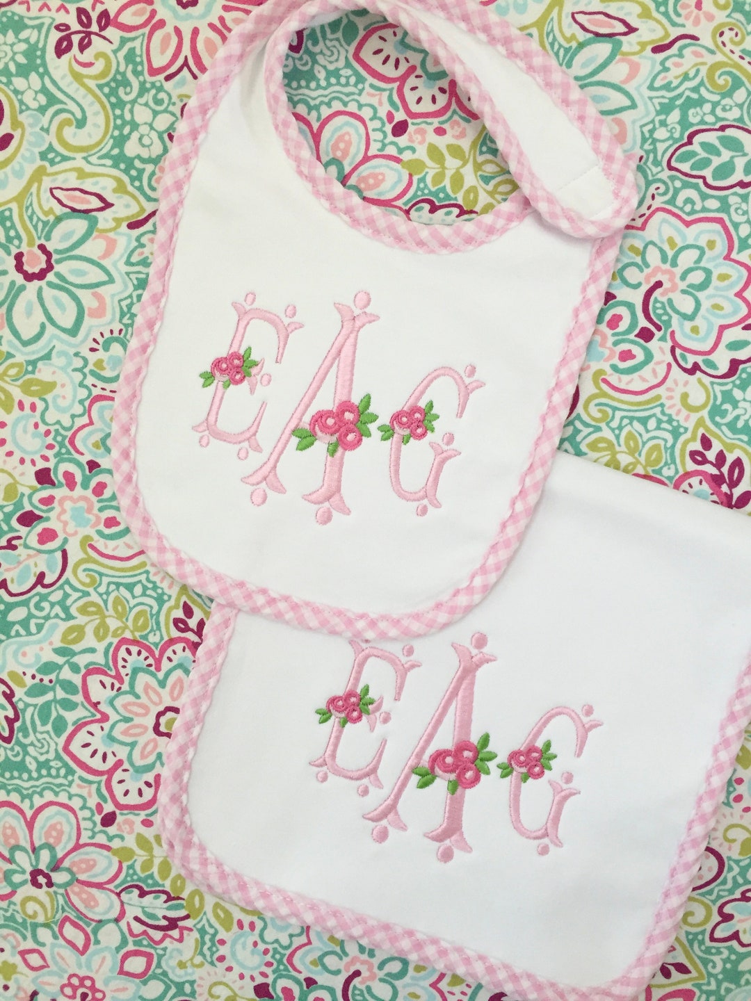 Monogrammed Bib and Burp Cloth Setrosie Monogram, Monogrammed Baby