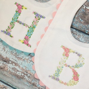 Monogrammed Bib with Ric Rac, Floral Initial, baby shower gift, personalized baby gift