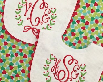 Monogrammed Christmas Bib with Ric Rac, baby shower gift, personalized baby gift