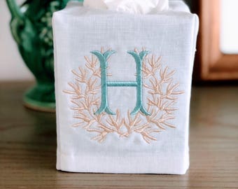 Monogrammed Tissue Box Cover Linen-Coral frame with initial-monogrammed gift-personalized gift
