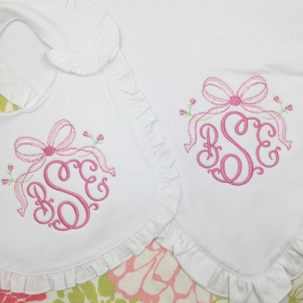 Monogrammed Baby Blanket and Bib Set, Vintage bow, personalized baby gift, baby shower gift