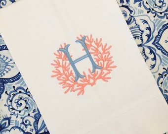 Monogrammed Cotton Pique Tea Towel, Coral initial-Hostess Gift, monogrammed linens, personalized gift