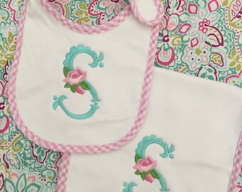 Monogrammed Bib and Burp Cloth set-Rose initial, monogrammed baby gift, baby shower gift