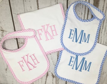 Monogrammed Gingham Trim Bib and Burp Cloth set-monogrammed baby gift, baby shower gift