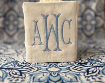 Monogrammed Tissue Box Cover Linen, Fishtail Monogram-monogrammed gift-personalized gift-hostess gift