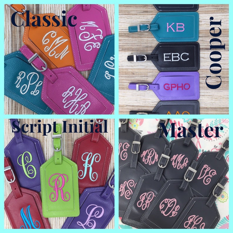 May include: A collection of rectangular luggage tags in various colors including orange, pink, teal, purple, red, lime green, and dark gray. Each tag features embroidered monograms or initials in contrasting thread and includes a silver metal buckle.