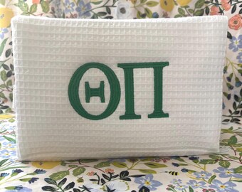 Monogrammed Waffle Cosmetic bag with Greek monogram, make up bag, gift ideas