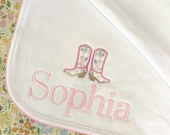 Monogrammed Baby Picot Trim Blanket, Cowgirl Boots Name, personalized baby gift, baby shower gift