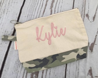 Monogrammed Camo Canvas Cosmetic Bag, Make Up Bag, Clutch, graduation gift