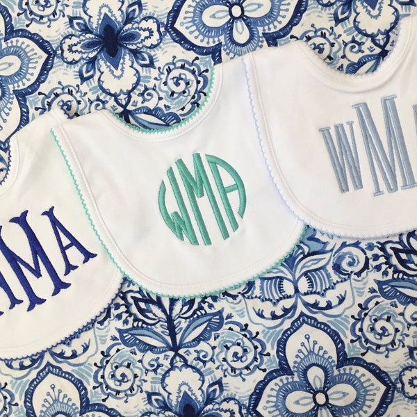 3 Pack-Monogrammed Bib with Picot trim, baby shower gift, personalized baby gift
