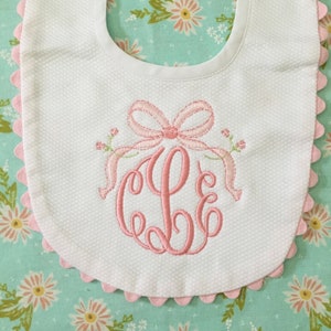 Monogrammed Bib with Ric Rac, Vintage Bow, baby shower gift, personalized baby gift